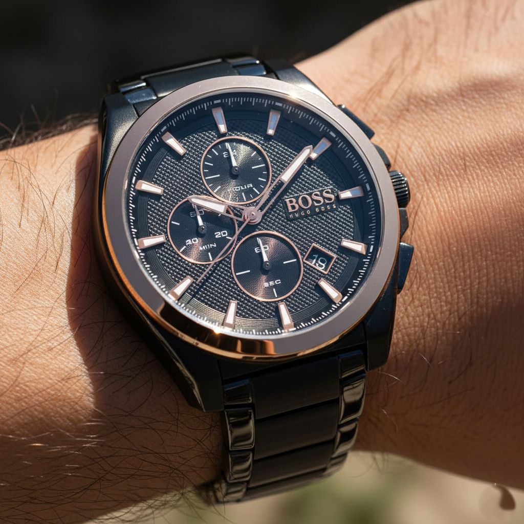 Close up shot of Hugo Boss Grandmaster 1513885 watch on wrist showing the textured black dial and rose gold accents