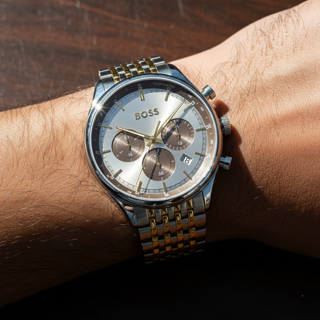 Close up shot of Hugo Boss Gregor 1514053 watch on wrist showing the grey sunray dial and gold details