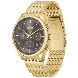 Angled view of the Hugo Boss 1514051 highlighting the gold tachymeter bezel and pushers