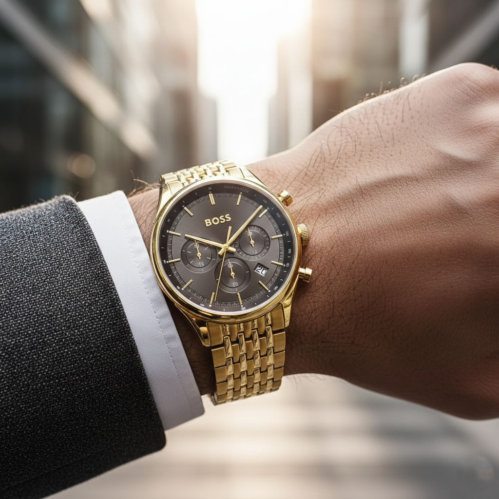 Male model wearing Hugo Boss Gregor 1514051 gold watch with a smart casual grey suit