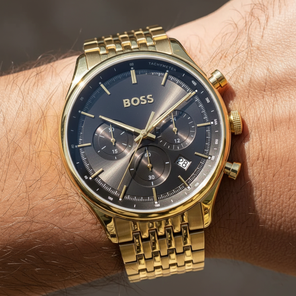 Close up shot of Hugo Boss Gregor 1514051 watch on wrist showing the grey sunray dial and gold hands