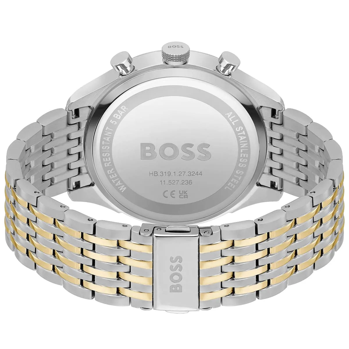 Silver-tone deployment clasp with engraved Boss logo on the bracelet of the 1514053