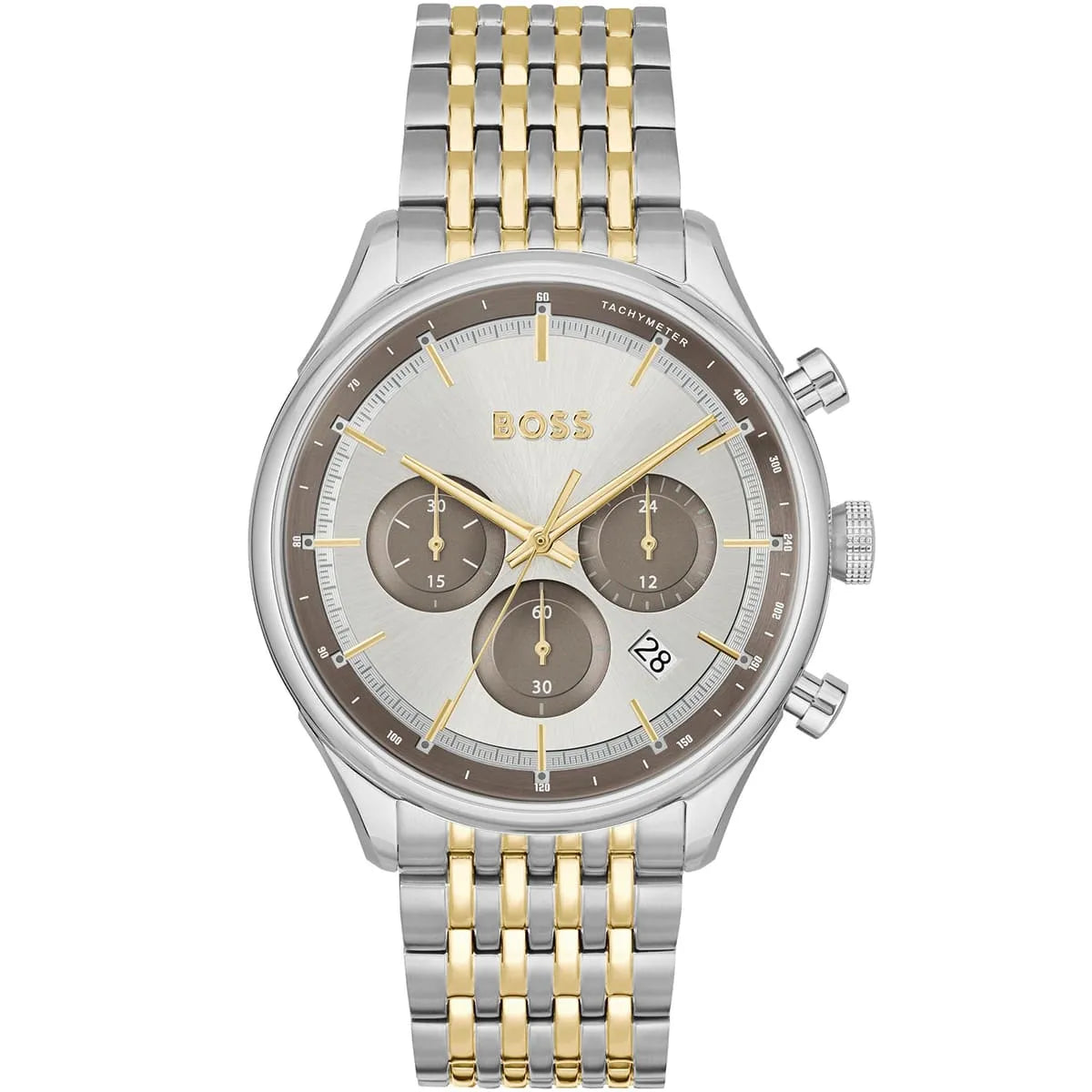 Hugo Boss Gregor 1514053 men's chronograph watch with two-tone silver and gold bracelet and grey dial