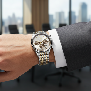 Close up shot of Hugo Boss Gregor 1514053 watch on wrist showing the grey sunray dial and gold details