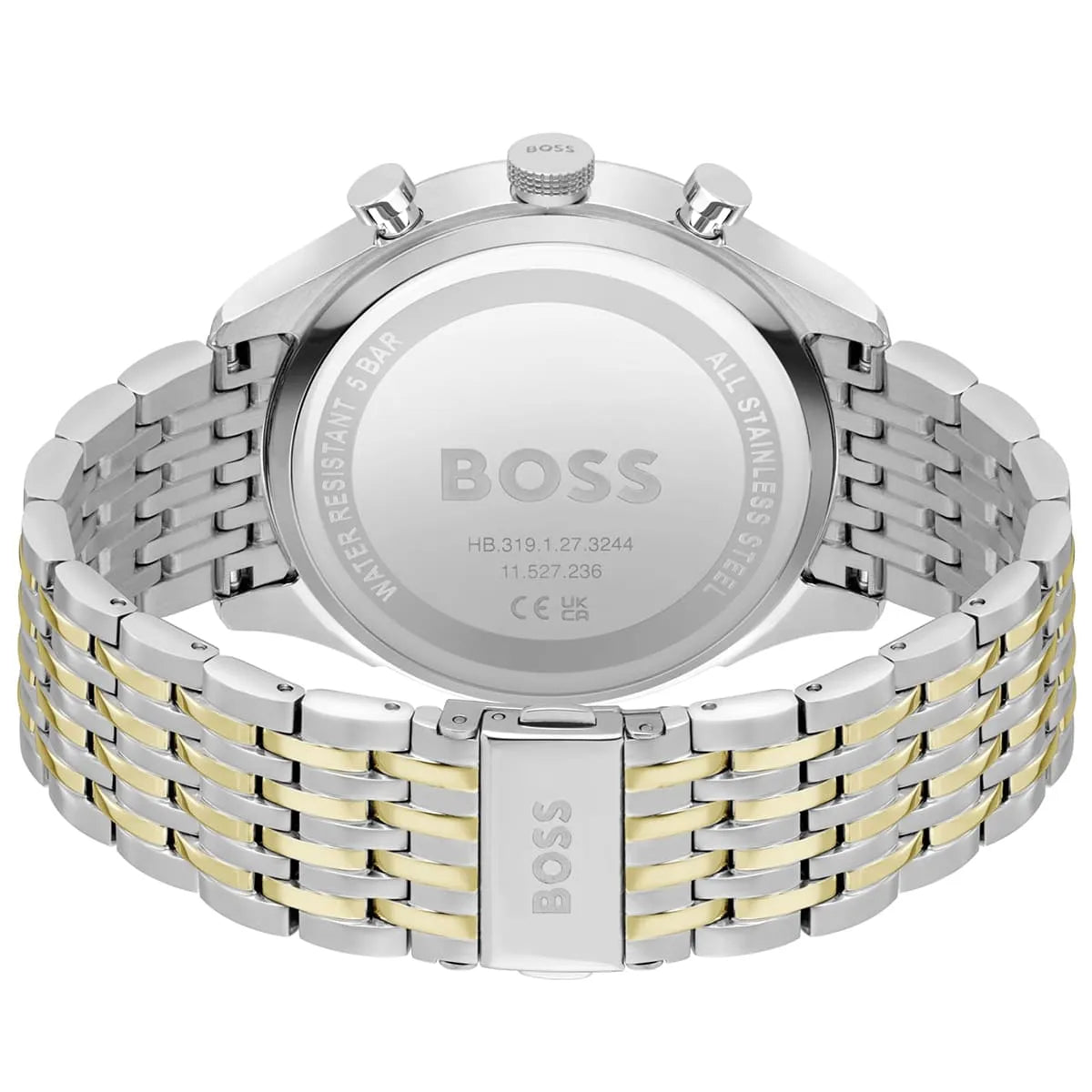 Back view of the Hugo Boss 1514081 watch showing the stainless steel caseback details