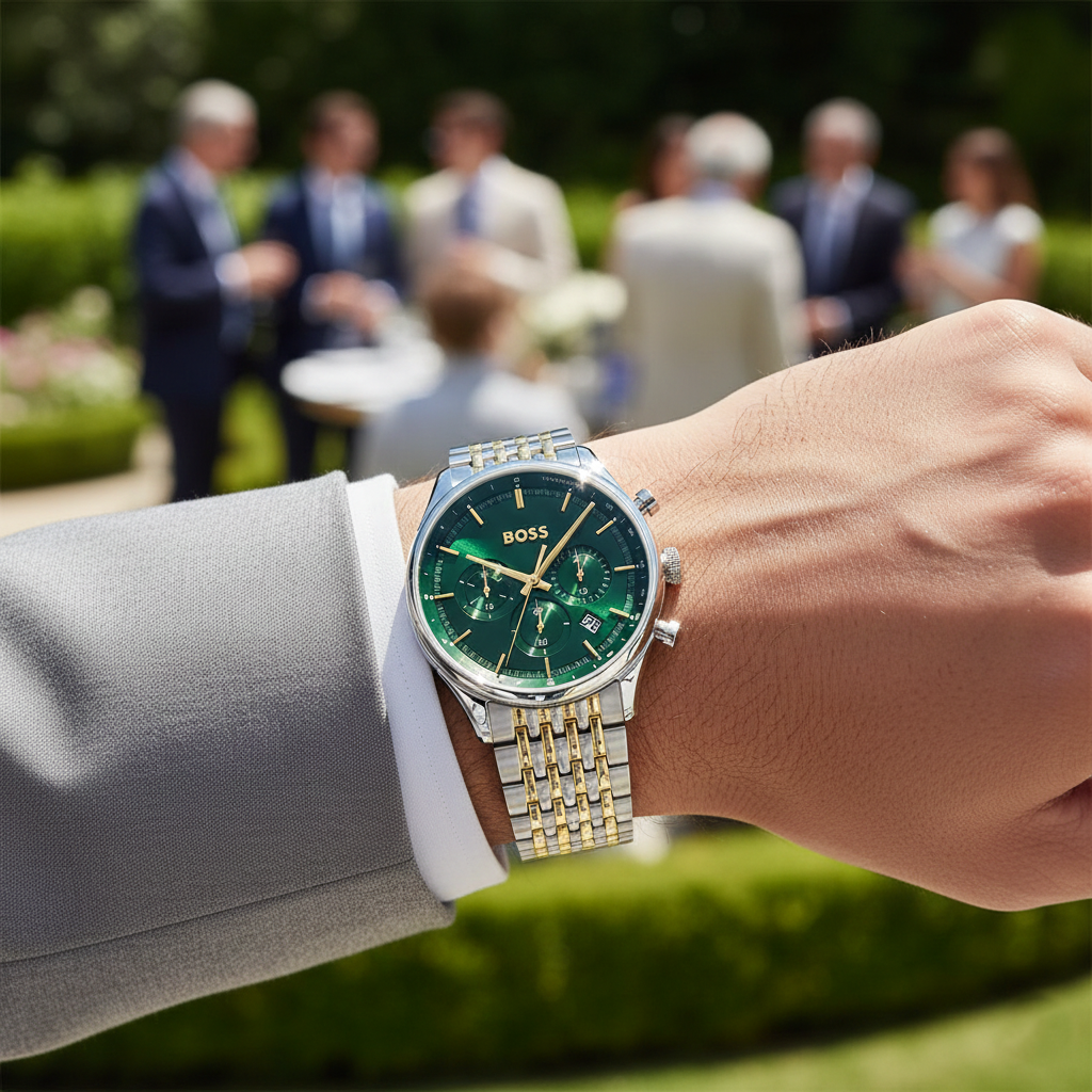 Male model wearing Hugo Boss Gregor 1514081 two-tone watch with a stylish casual outfit