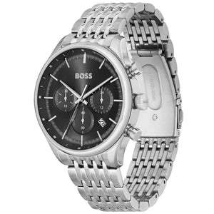 Angled view of the Hugo Boss 1514082 highlighting the polished silver case and pushers