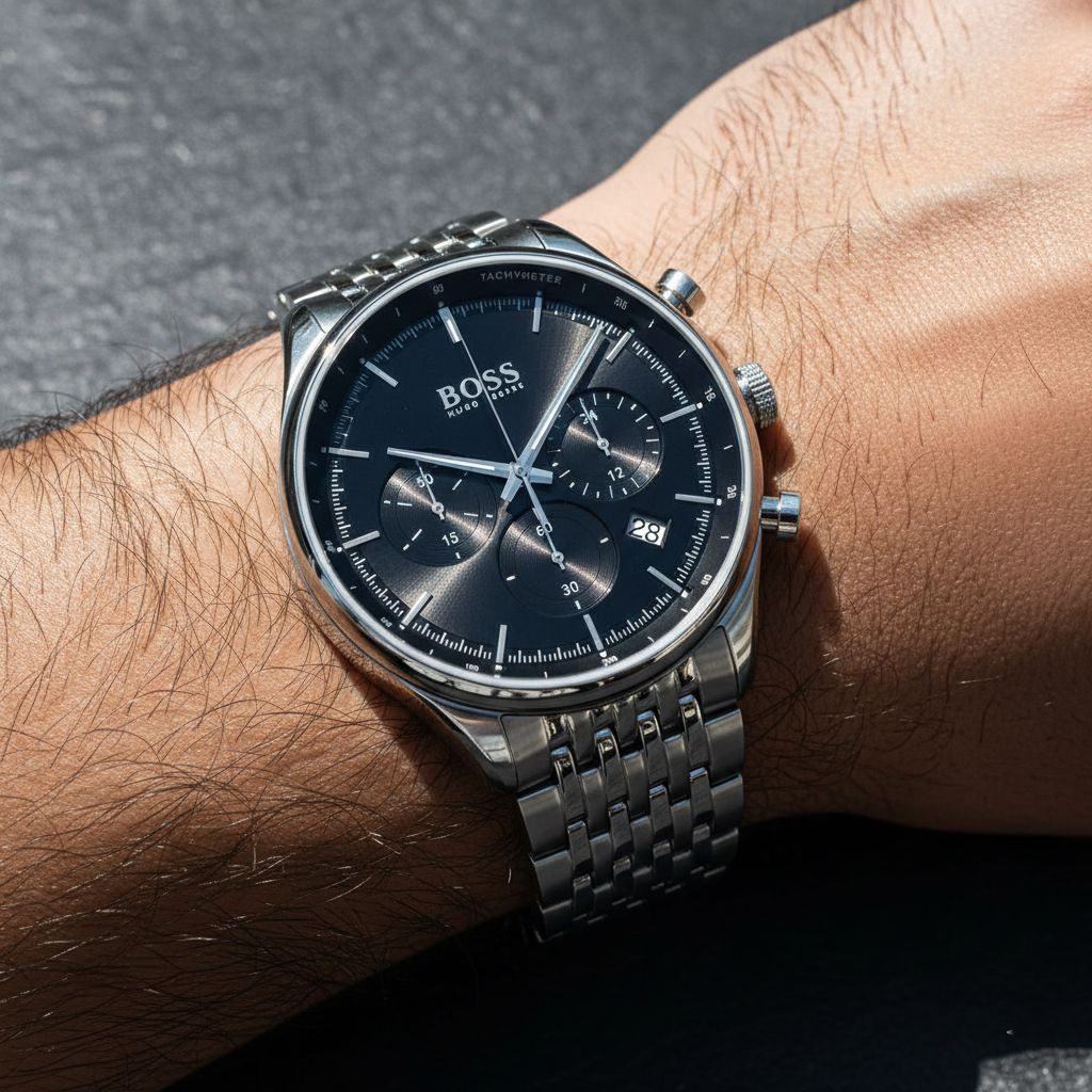 Male model wearing Hugo Boss Gregor 1514082 silver watch with a formal business suit