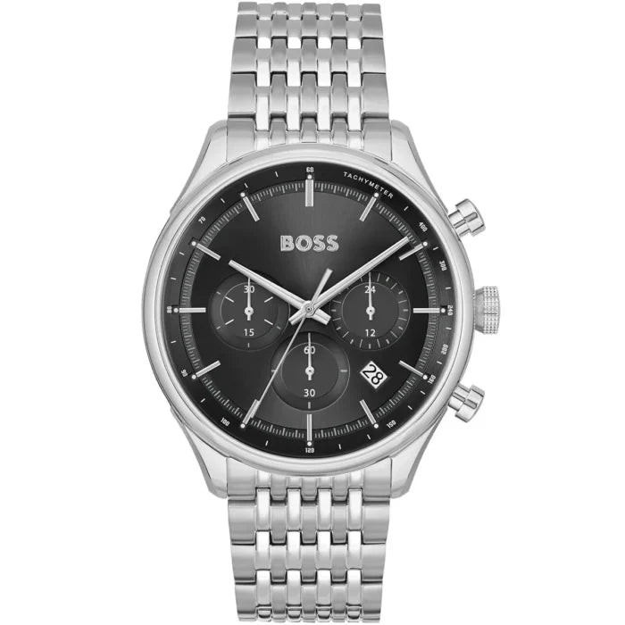Hugo Boss Gregor 1514082 men's chronograph watch with silver stainless steel multi-link bracelet and black dial