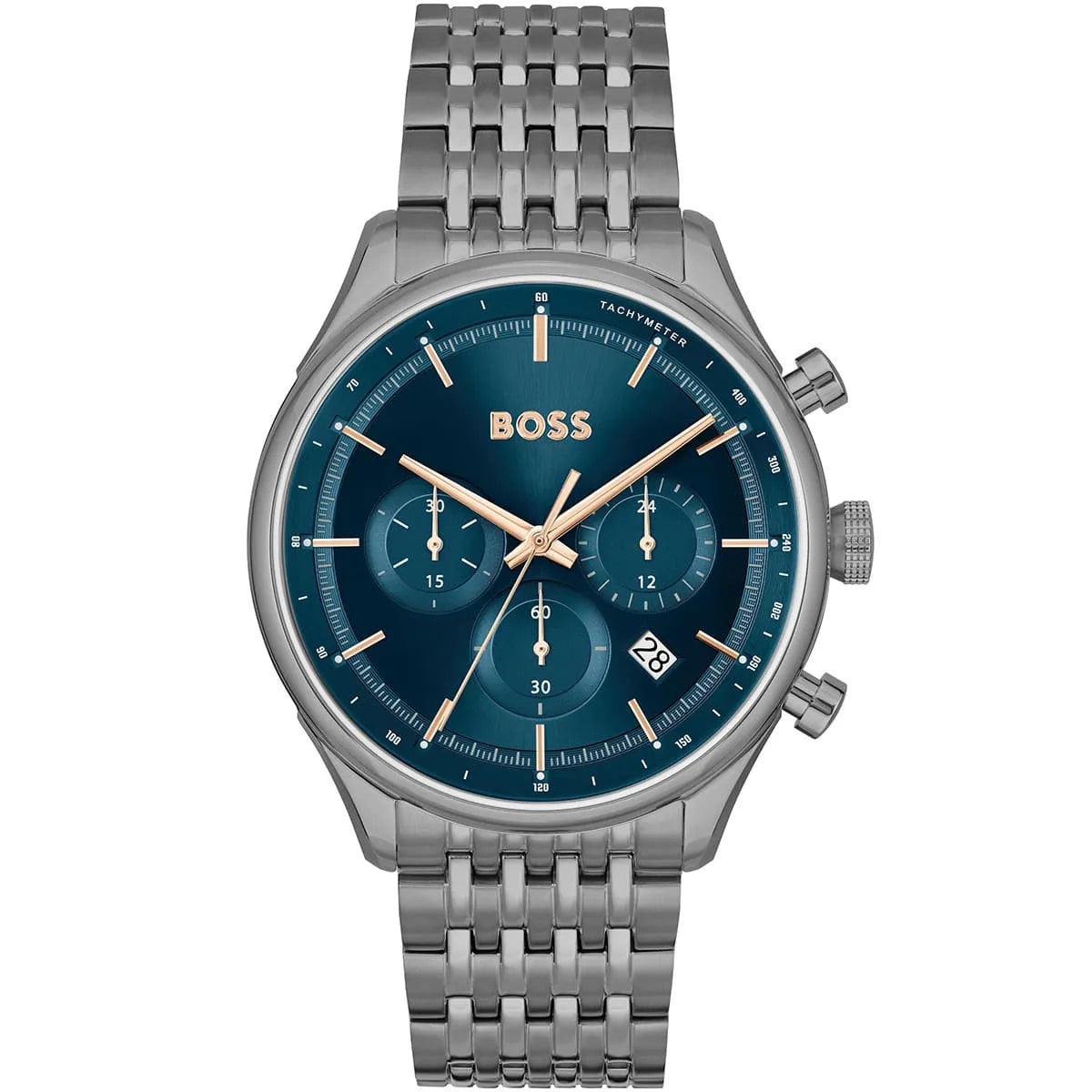 Hugo Boss Gregor 1514083 men's chronograph watch with grey ion-plated stainless steel strap and blue dial