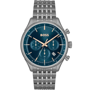 Hugo Boss Gregor 1514083 men's chronograph watch with grey ion-plated stainless steel strap and blue dial