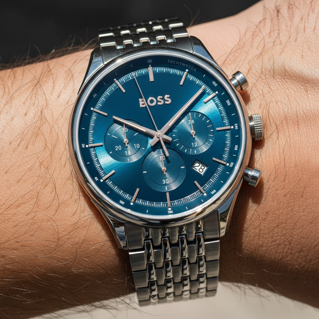 Close up shot of Hugo Boss Gregor 1514083 watch on wrist showing the blue sunray dial and grey case