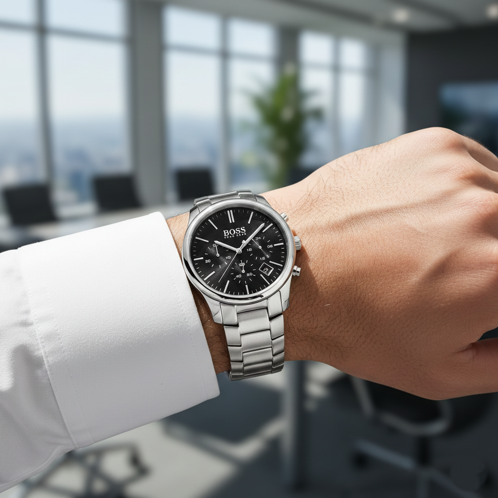 Male model wearing Hugo Boss Hero 1513433 silver watch with a formal business suit