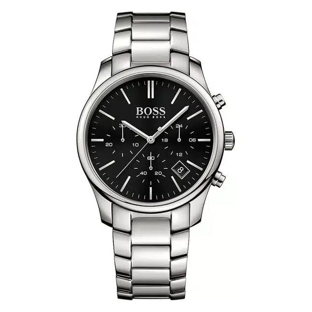 Hugo Boss Hero 1513433 men's chronograph watch with silver stainless steel strap and black dial