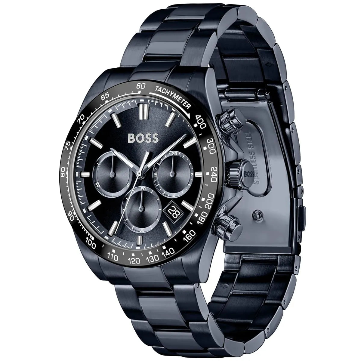 Side profile view showing the case thickness of the Hugo Boss Hero 1514270 watch.
