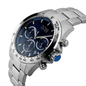 Authentic real-life photo of the Hugo Boss Hero Sport 1513755 watch showing actual blue dial and silver finish