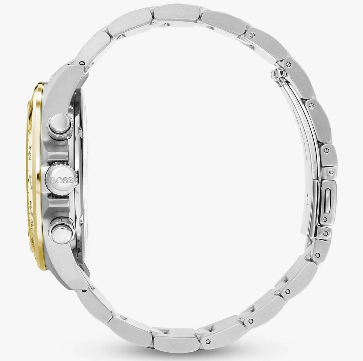 Left side perspective of the Hugo Boss 1513767 blue dial and two-tone bracelet link