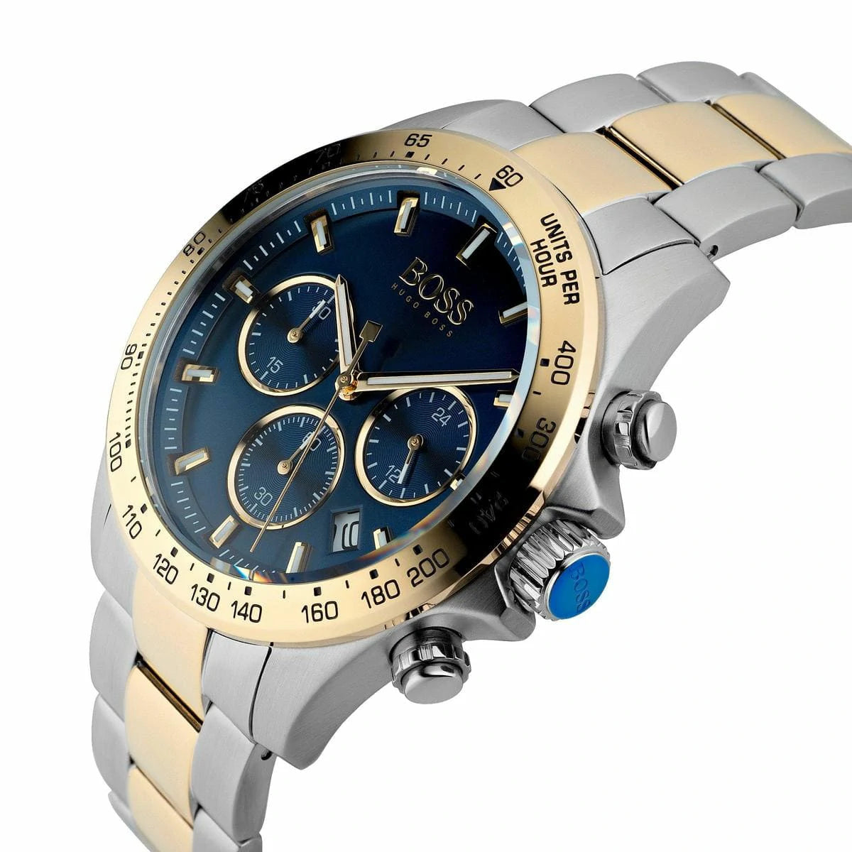 Angled view of the Hugo Boss 1513767 highlighting the gold pushers and tachymeter details