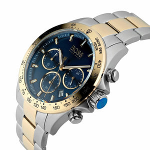 Angled view of the Hugo Boss 1513767 highlighting the gold pushers and tachymeter details