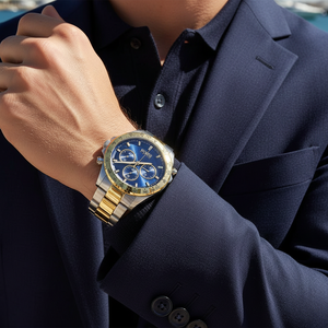 Male model wearing Hugo Boss Hero Sport 1513767 two-tone watch with a smart casual outfit