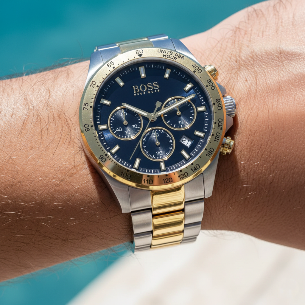 Close up shot of Hugo Boss Hero Sport 1513767 watch on wrist showing the blue dial and gold tachymeter bezel