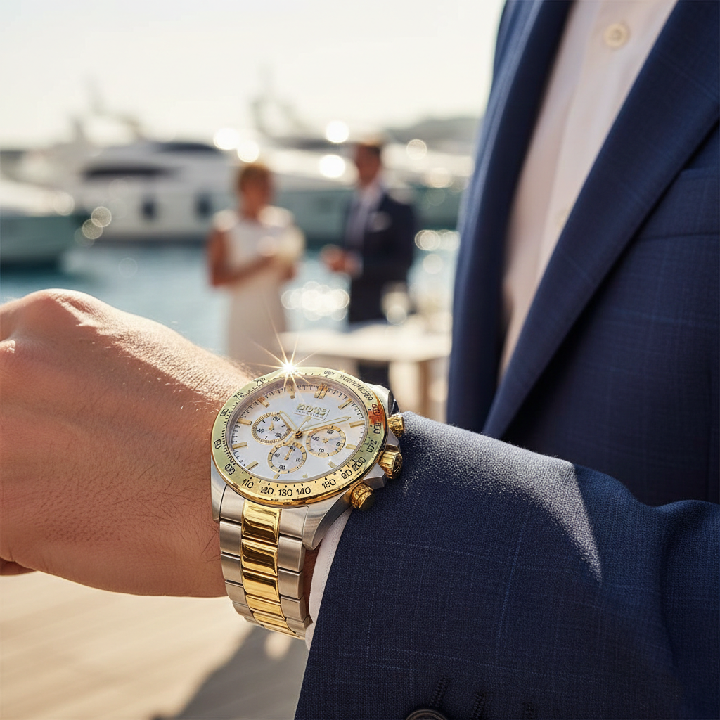 Male model wearing Hugo Boss Ikon 1512960 two-tone watch with a formal business suit