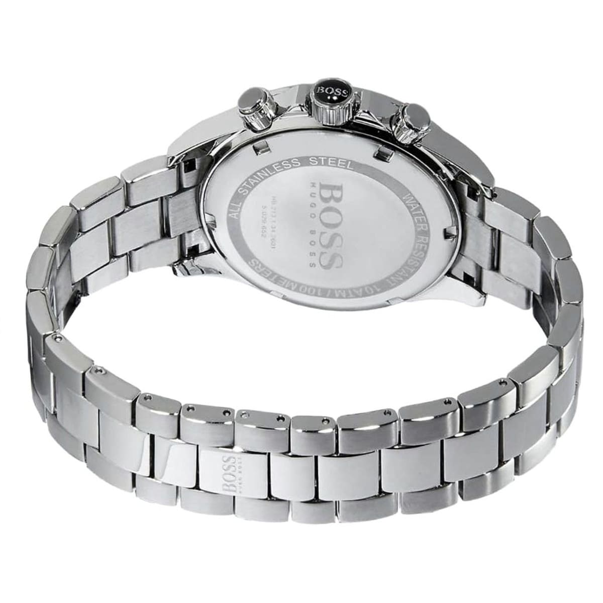 Silver-tone deployment clasp with engraved Boss logo on the bracelet of the 1512964