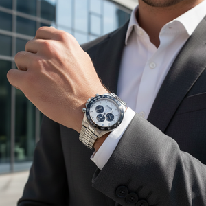 Male model wearing Hugo Boss Ikon 1512964 silver watch with a sporty casual outfit