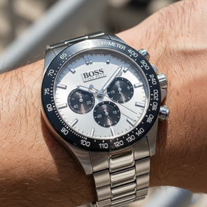 Close up shot of Hugo Boss Ikon 1512964 watch on wrist showing the silver dial and black sub-dials