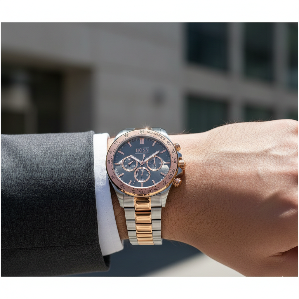 Male model wearing Hugo Boss Ikon 1513339 two-tone watch with a smart casual outfit