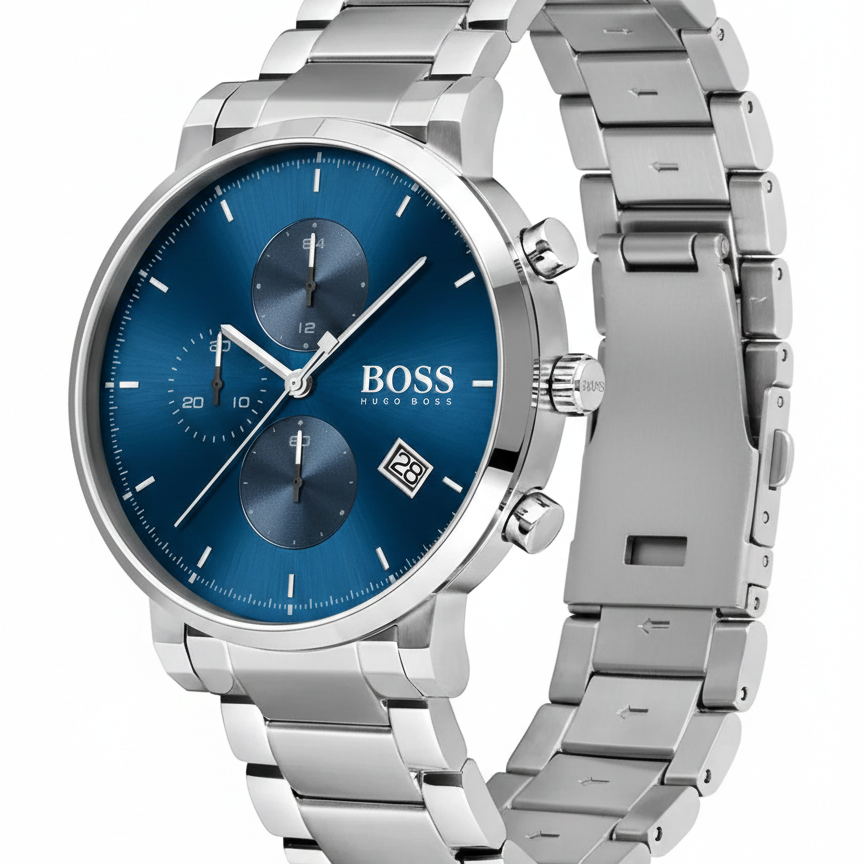 Left side perspective of the Hugo Boss 1513779 blue dial and silver bracelet link