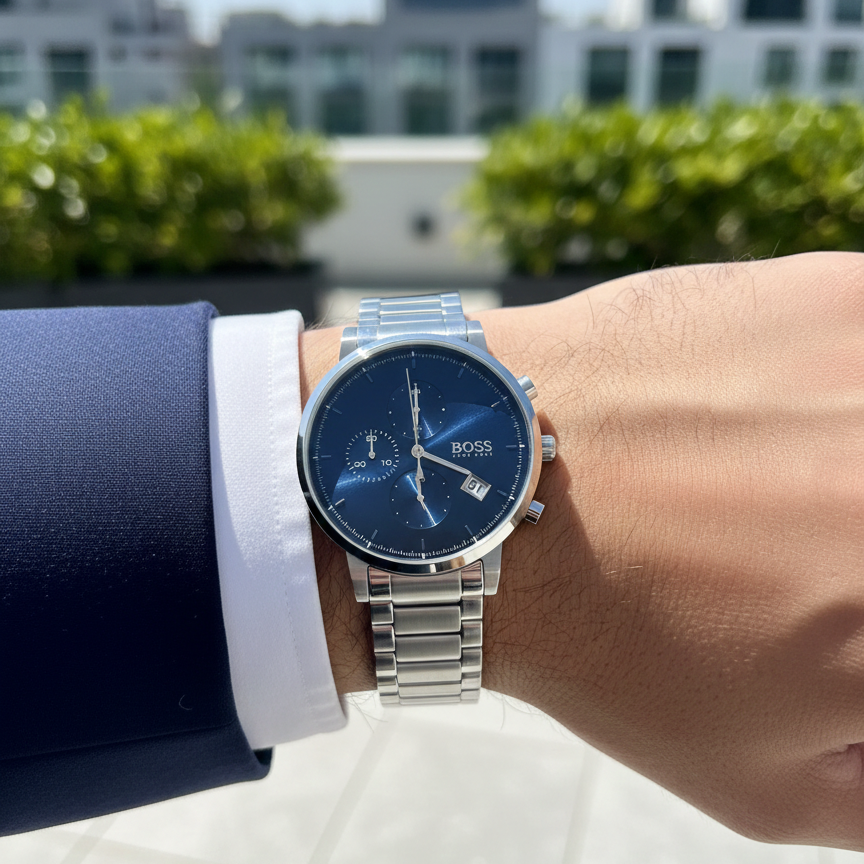 Male model wearing Hugo Boss Integrity 1513779 silver watch with a casual white shirt