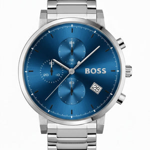 Hugo Boss Integrity 1513779 men's chronograph watch with silver stainless steel strap and blue dial