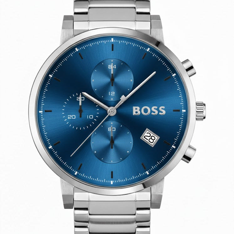 Hugo Boss Integrity 1513779 men's chronograph watch with silver stainless steel strap and blue dial
