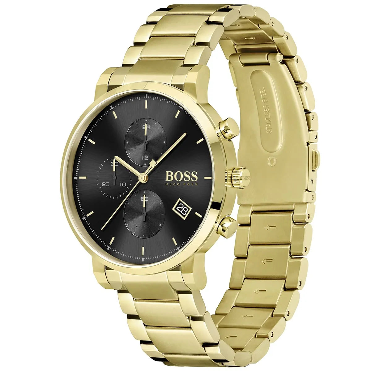 Angled view of the Hugo Boss 1513781 highlighting the gold case and chronograph pushers