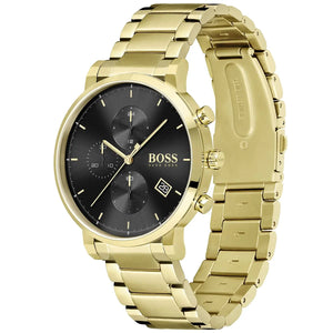 Angled view of the Hugo Boss 1513781 highlighting the gold case and chronograph pushers
