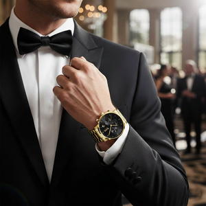 Male model wearing Hugo Boss Integrity 1513781 gold watch with a classic black suit