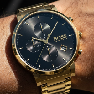 Close up shot of Hugo Boss Integrity 1513781 watch on wrist showing the Roman numerals and gold hands