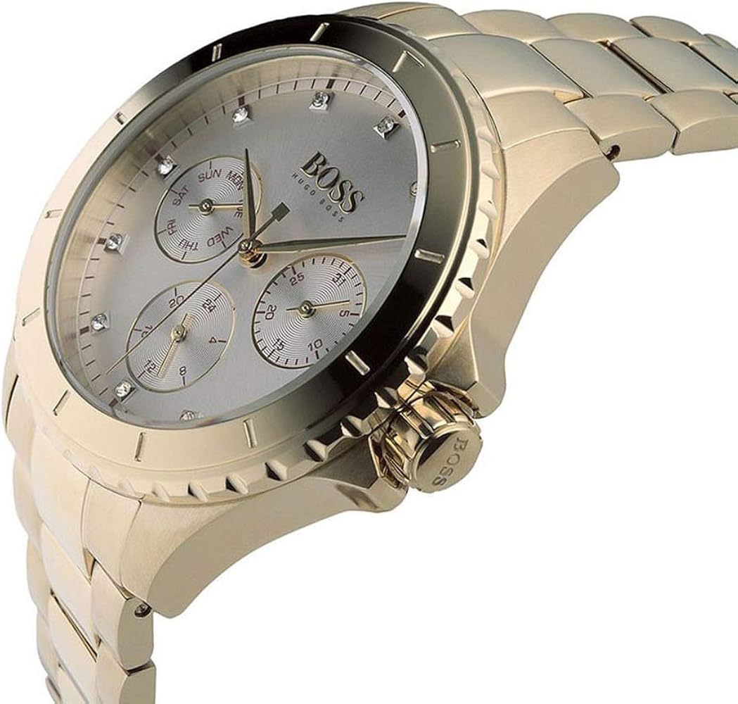 Angled shot highlighting the polished gold link bracelet of Hugo Boss 1502445