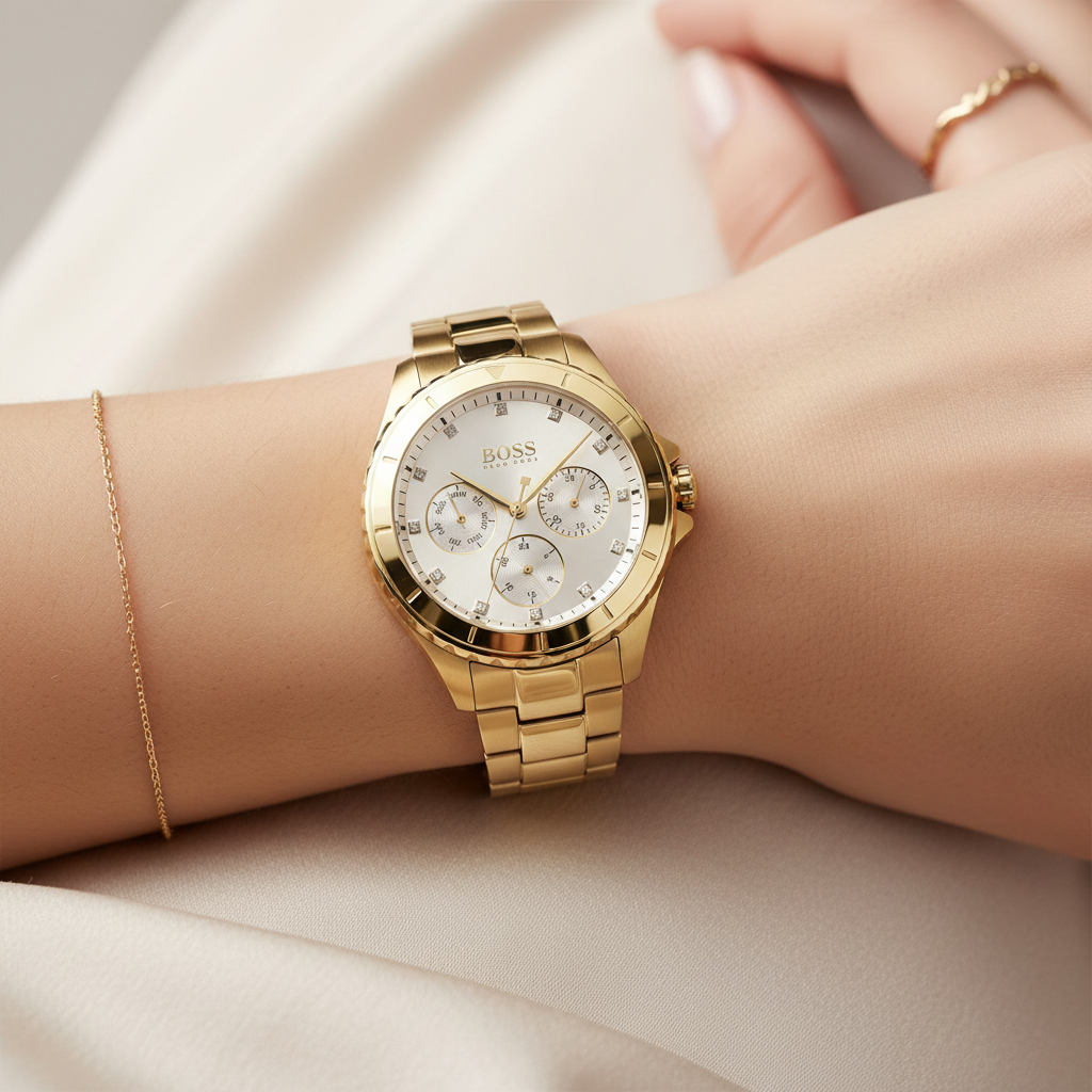 Close up of silver dial and sparkling crystal markers of Hugo Boss 1502445