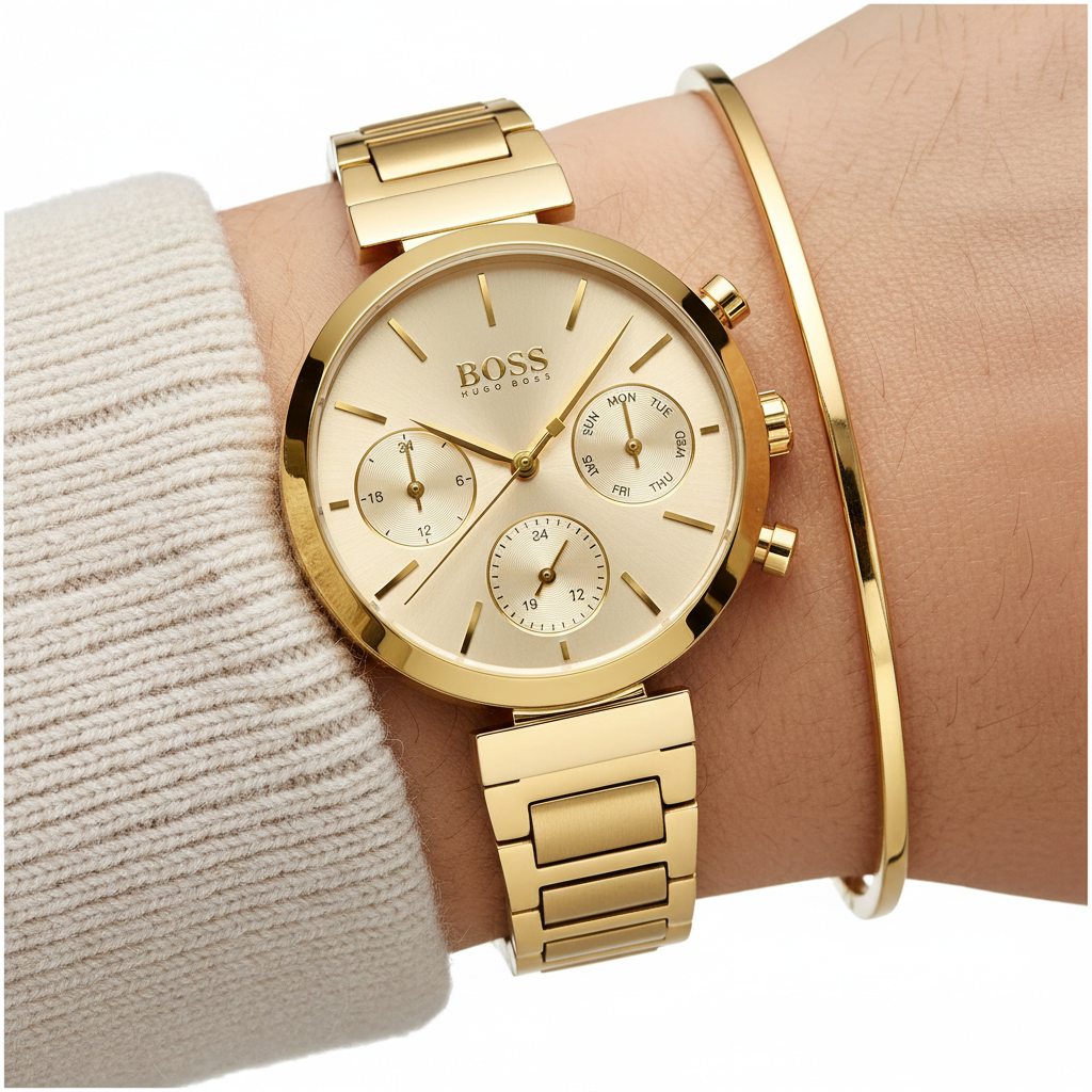 Close up of radiant gold sunray dial and markers of Hugo Boss 1502532