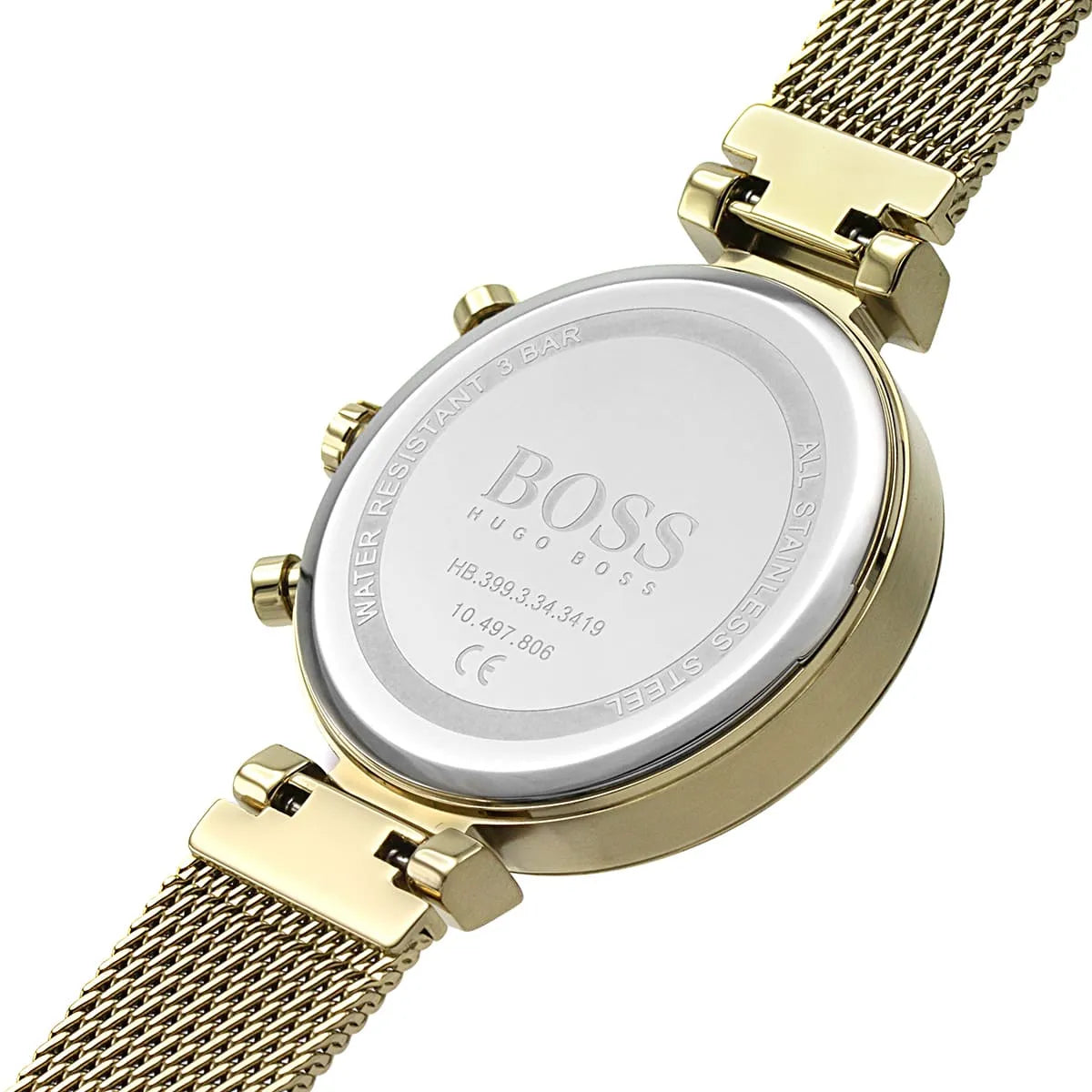 Back case view of Hugo Boss 1502552 watch showing official logo and specs