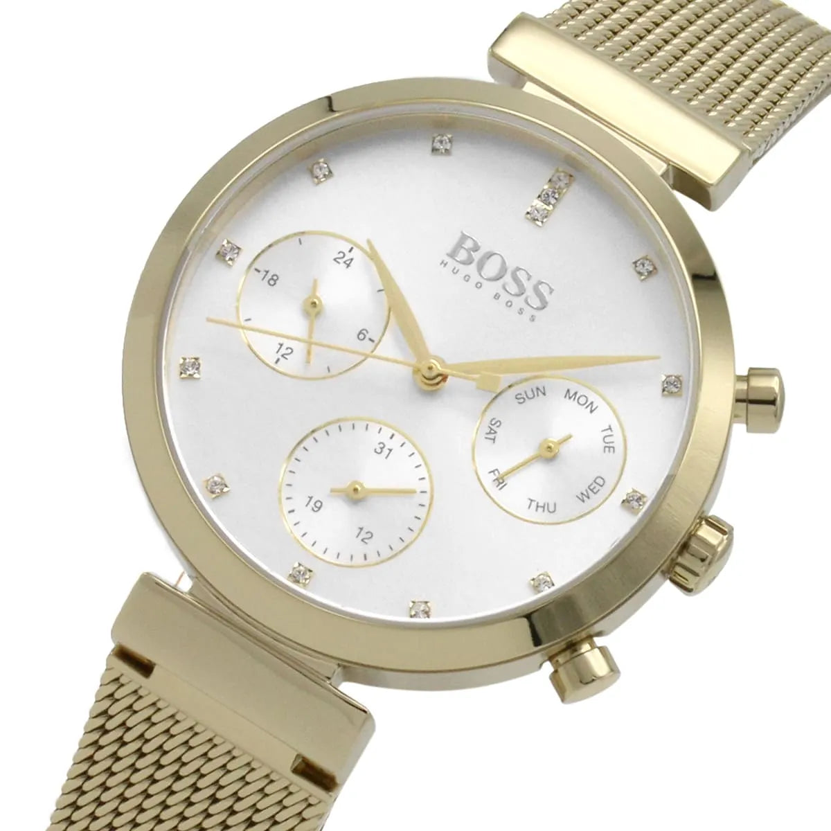 Right side view of Hugo Boss 1502552 showing gold stainless steel case and crown