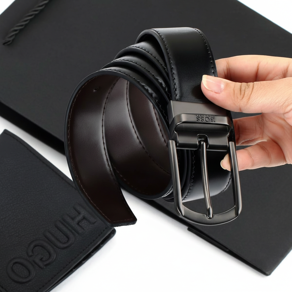 Hand holding a rolled Hugo Boss black leather belt with a classic buckle, displayed in front of an official branded gift bag