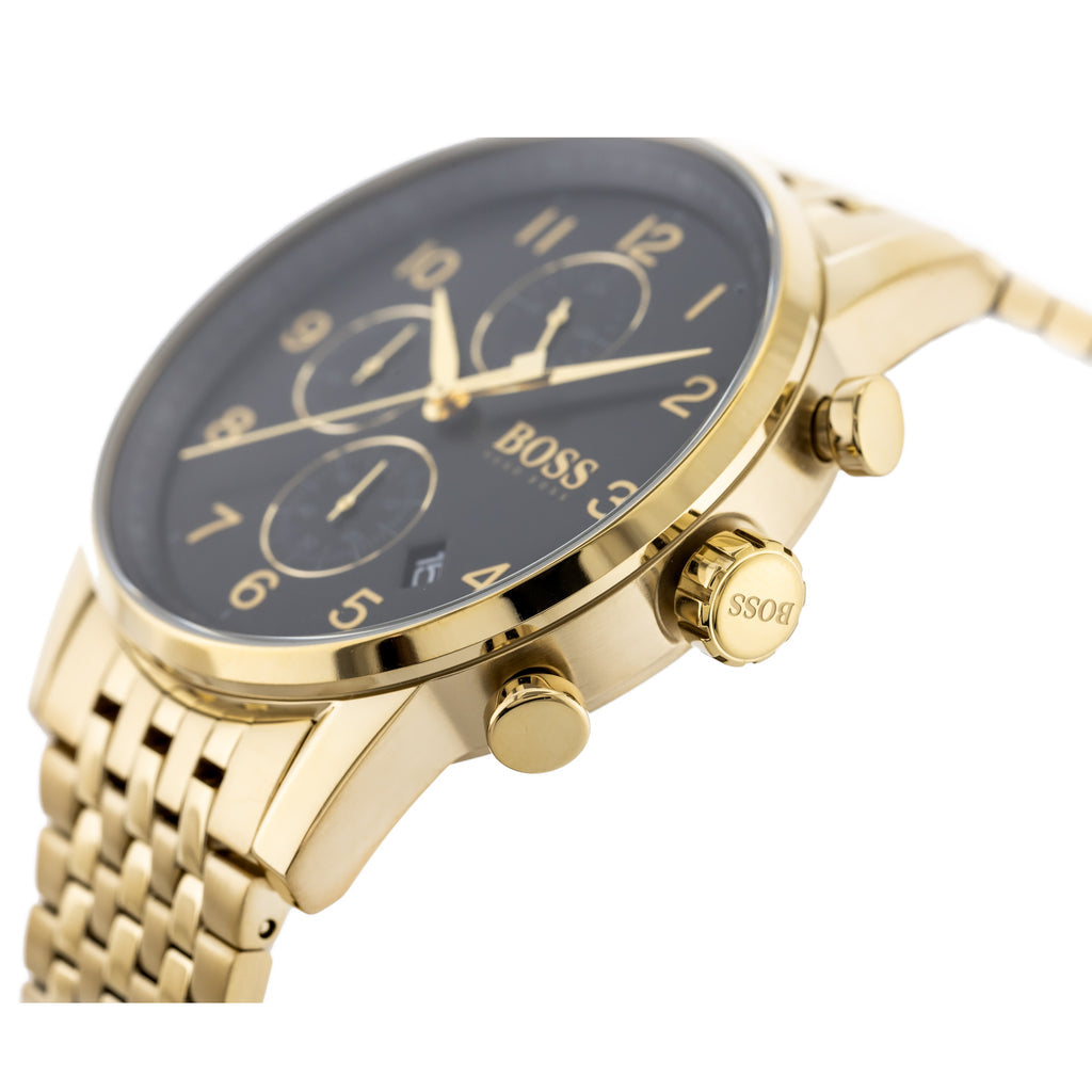 Angled view of the Hugo Boss 1513531 highlighting the gold case and chronograph pushers