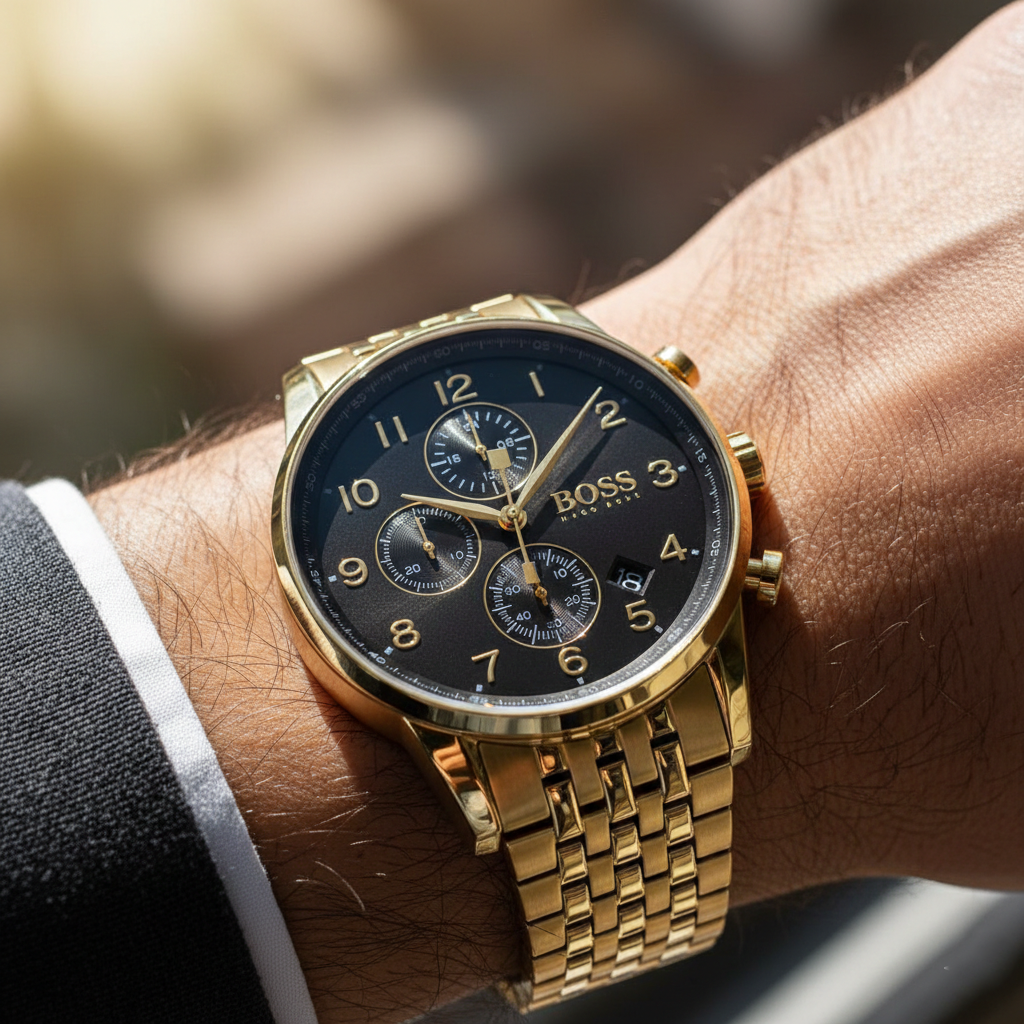 Close up shot of Hugo Boss Navigator 1513531 watch on wrist showing the Arabic numerals and gold hands