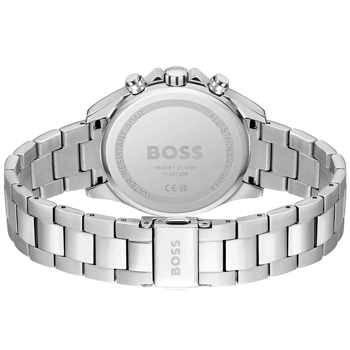 Perspective view of the dark gray dial and tachymeter bezel of Hugo Boss watch