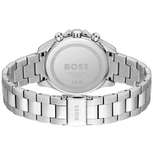 Perspective view of the dark gray dial and tachymeter bezel of Hugo Boss watch