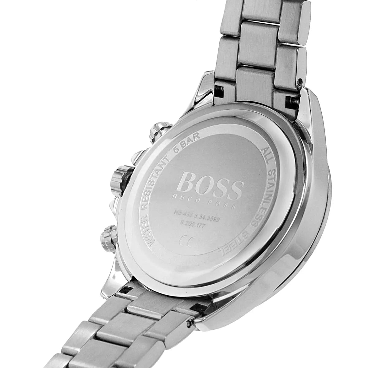 Back case view of Hugo Boss 1502614 watch showing official logo and specs