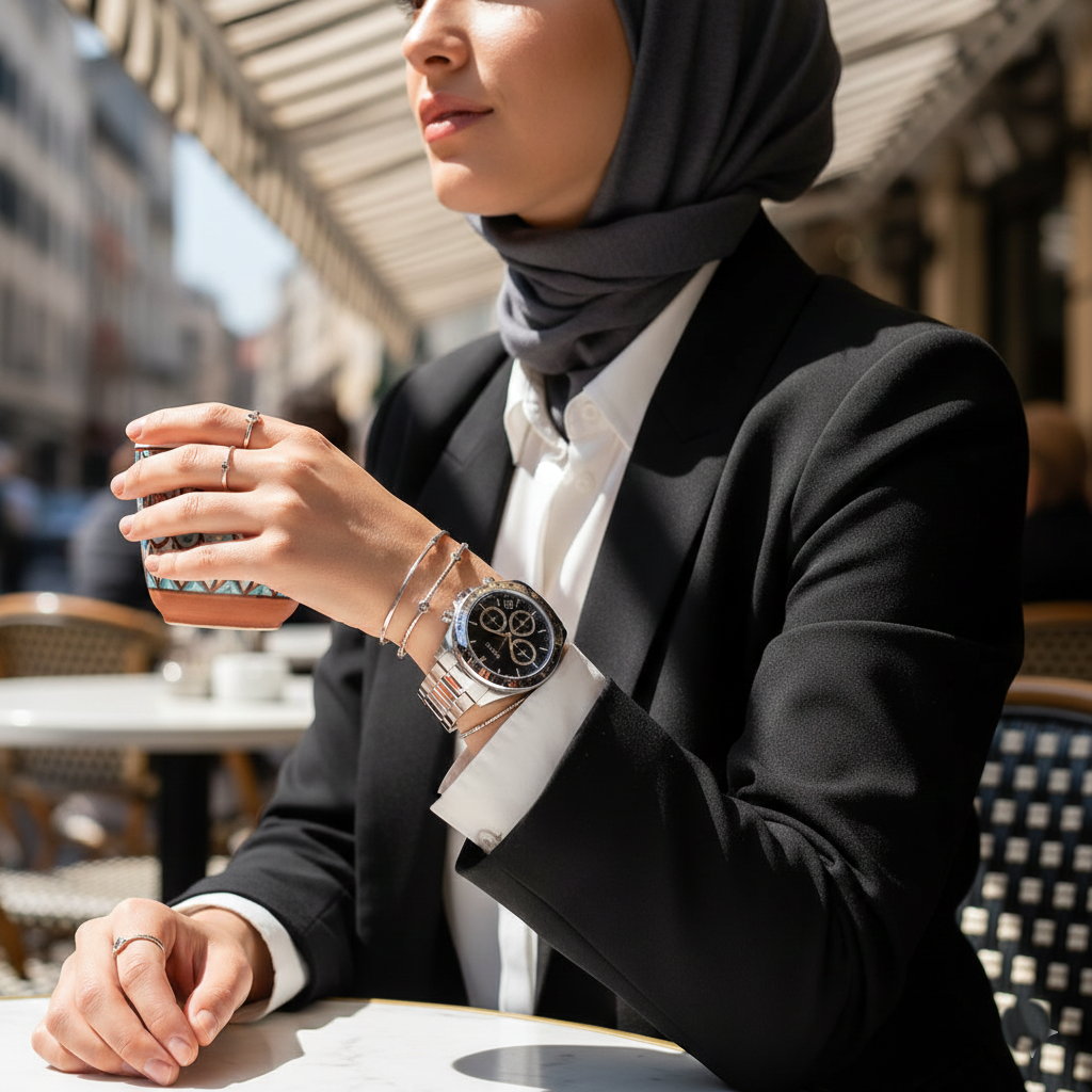 Woman wearing elegant Hugo Boss Novia 1502614 watch in silver steel